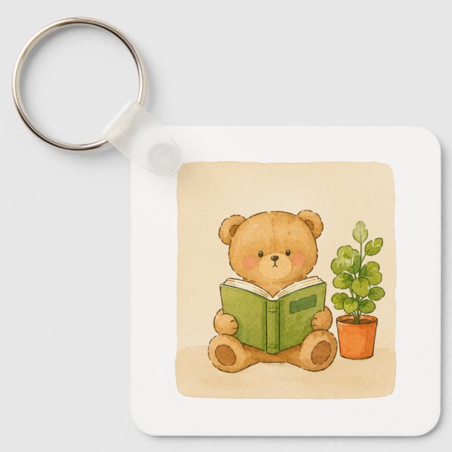 Cosy Teddy Bear Reading Book Keychain (Front)