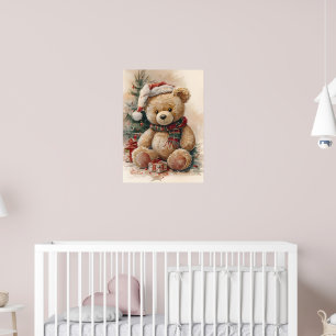 Cosy Teddy Bear with Santa Hat and Christmas Tree Poster