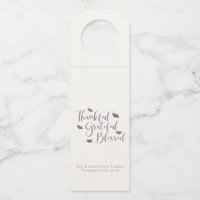 Cosy Thankful Grateful Blessed Thanksgiving Leaves Bottle Tag (Front)