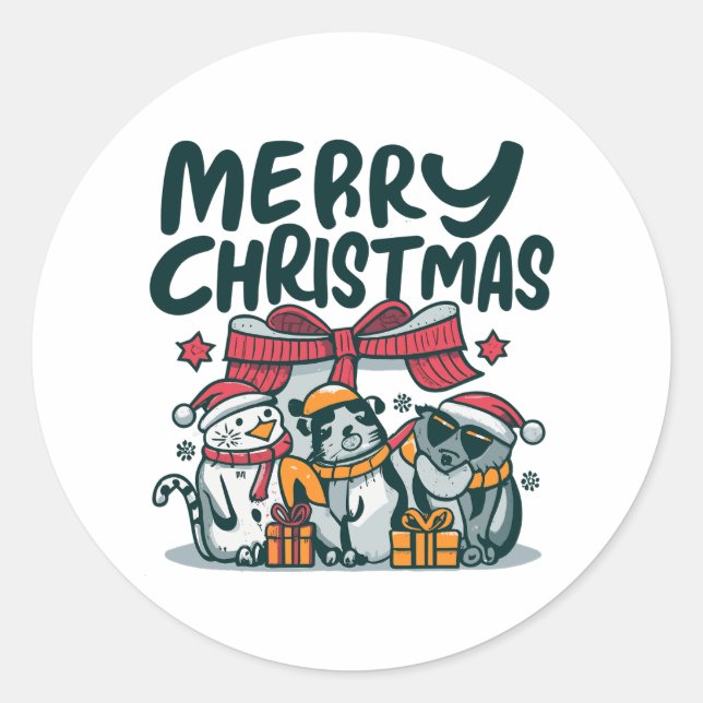 Cosy Trio Critters Christmas Cheer & Gifts Classic Round Sticker (Front)