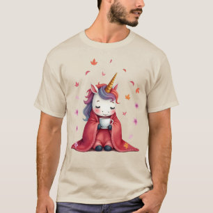 Cosy Unicorn Wrapped in Blanket Drinking Coffee T-Shirt