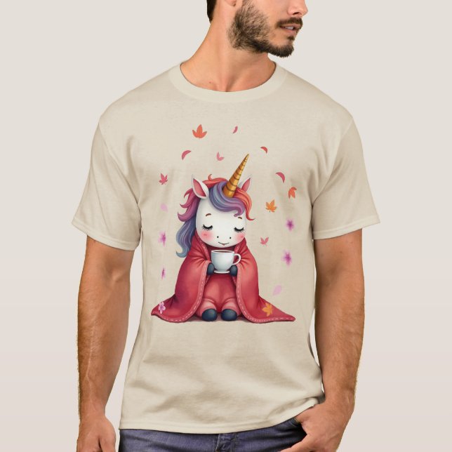 Cosy Unicorn Wrapped in Blanket Drinking Coffee  T-Shirt (Front)