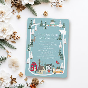 Cosy Up Blue Snowy Village Christmas Holiday Party Invitation