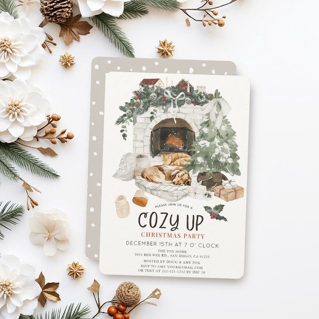 Cosy Up Fireplace Cat Dog Christmas Holiday Party Invitation (Creator Uploaded)