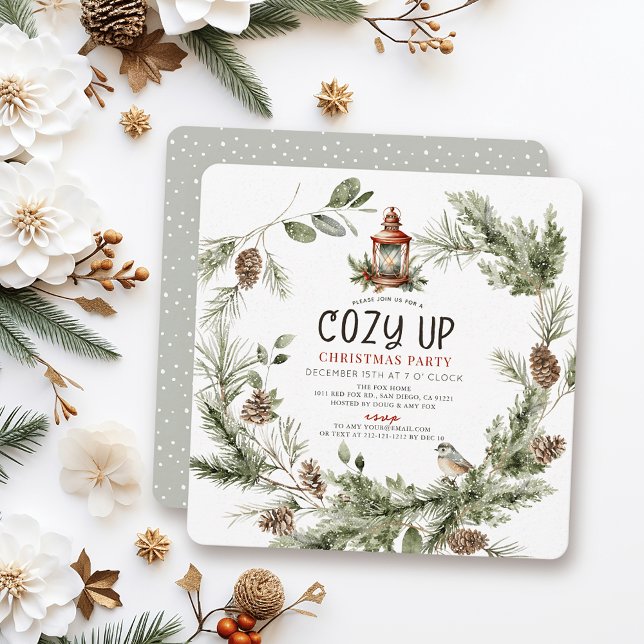 Cosy Up Greenery Wreath Christmas Holiday Party Invitation (Creator Uploaded)