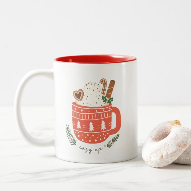 Cosy Up hot chocolate Christmas  Two-Tone Coffee Mug (With Donut)