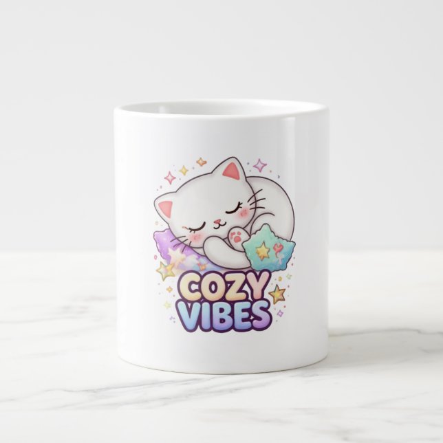 Cosy Vibe Cat Sticker | Cute Sleeping Cat  Large Coffee Mug (Front)
