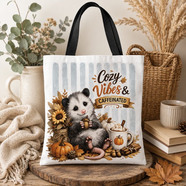 Cosy Vibes & Caffeinated Opossum Tote Bag | Cute F (Creator Uploaded)