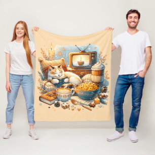 Cosy Vibes Only: Cat, Book, Mac & Cheese, Coffee Fleece Blanket