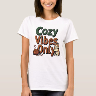 Cosy Vibes Only - Knitted Text with Playful Cat T-Shirt