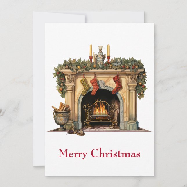Cosy Victorian Fireplace Christmas Holiday Card (Front)