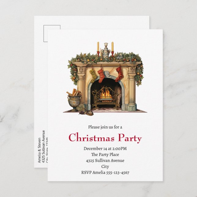 Cosy Victorian Fireplace Christmas Invitation Postcard (Front/Back)