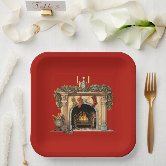 Cosy Victorian Fireplace Christmas Paper Plate (Wedding)