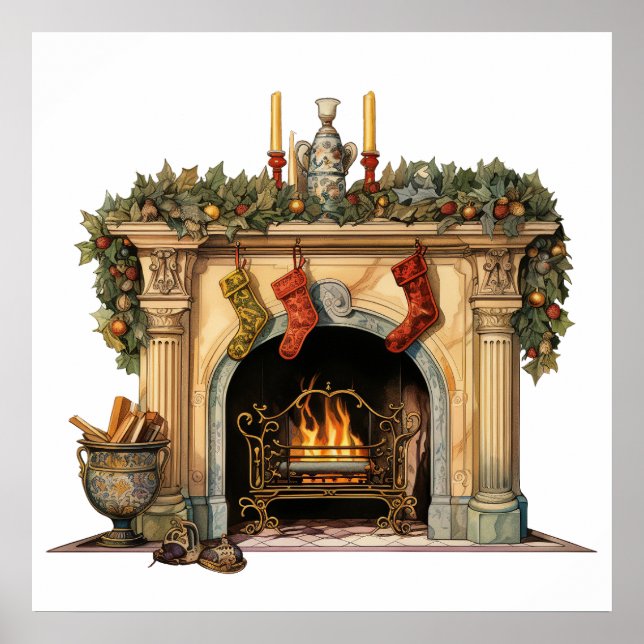 Cosy Victorian Fireplace Christmas Poster (Front)