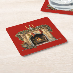 Cosy Victorian Fireplace Christmas Square Paper Coaster