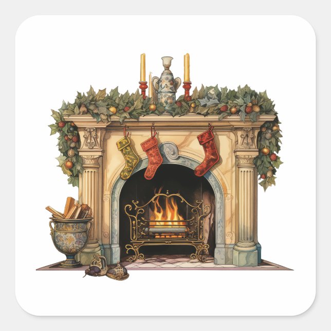 Cosy Victorian Fireplace Christmas Square Sticker (Front)