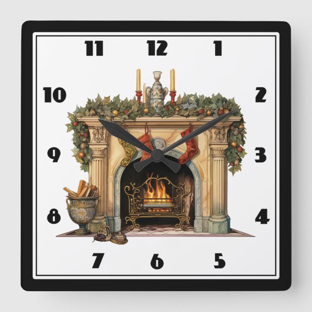 Cosy Victorian Fireplace Christmas Square Wall Clock (Front)