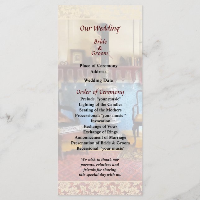 Cosy Victorian Parlour Wedding Program Programme (Front)