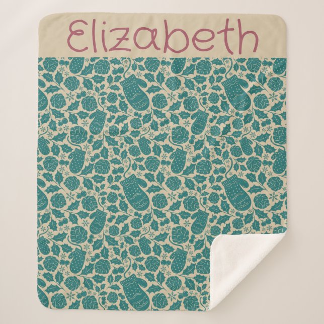 Cosy Vintage Christmas Blue Mitten Pattern Sherpa Blanket (Front)