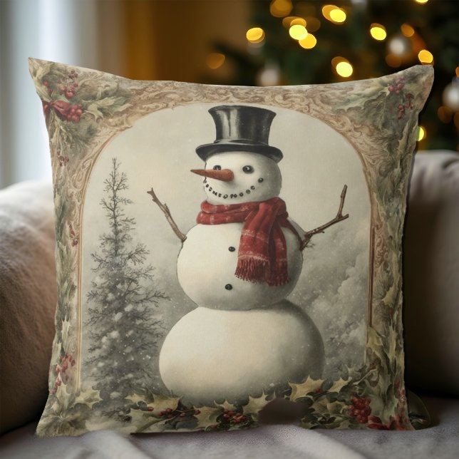 Cosy Vintage Snowman Christmas Cushion (Rustic Christmas Snowman Pillow)