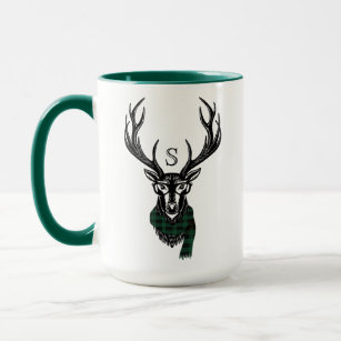 Cosy & Warm   Green Buffalo Plaid Deer Monogram Mug