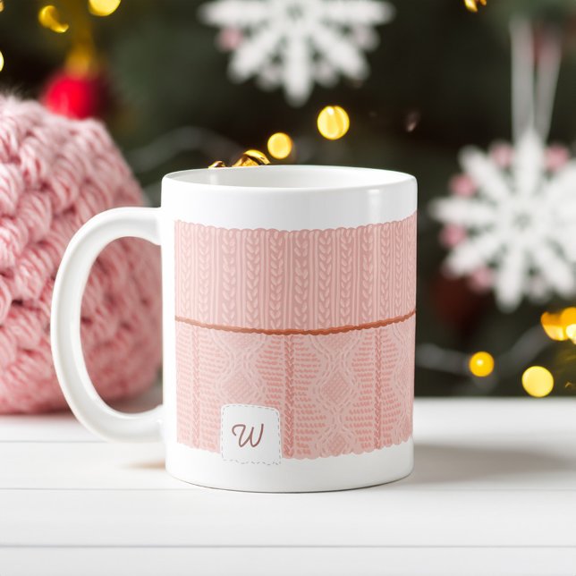 Cosy & Warm Knitted Pink Sweater Sleeve Monogram Coffee Mug (Cozy & Warm Knitted Pink Sweater Sleeve Monogram Coffee Mug)