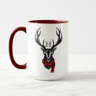 Cosy & Warm   Red Buffalo Plaid Deer Monogram Mug