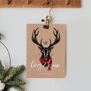 Cosy & Warm   Red Buffalo Plaid Reindeer Monogram Holiday Card