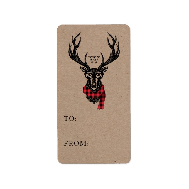 Cosy & Warm | Red Buffalo Plaid Reindeer Monogram Label (Front)