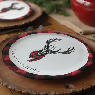 Cosy & Warm Red Buffalo Plaid Reindeer Monogram Paper Plate