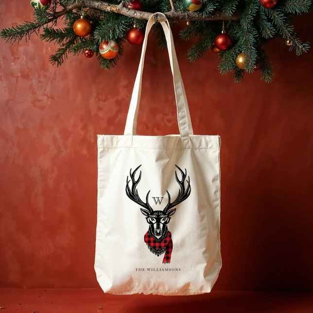Cosy & Warm | Red Buffalo Plaid Reindeer Monogram Tote Bag (Cozy & Warm | Red Buffalo Plaid Reindeer Monogram Tote Bag)