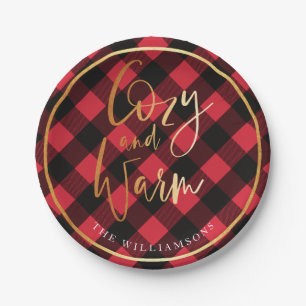 Cosy & Warm Script   Red Buffalo Plaid Christmas Paper Plate