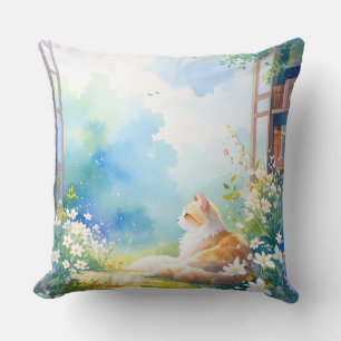 Cosy Watercolor Cat Floral Throw Pillow