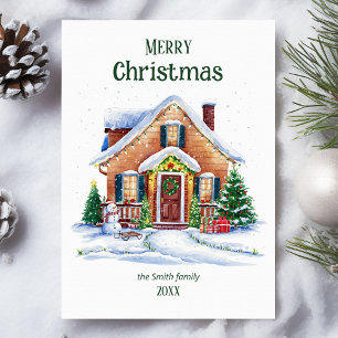Cosy Watercolor Christmas House Holiday Card