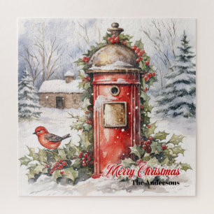 Cosy watercolor Christmas scene with Santa post Jigsaw Puzzle
