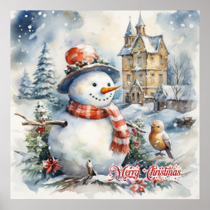 Cosy watercolor Christmas winter scene snowman Poster
