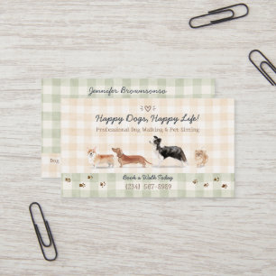 Cosy Watercolor Dog Walker Pet Sitting Gingham Business Card