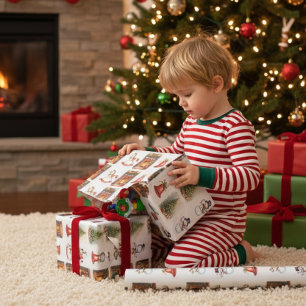 Cosy Watercolor Fireplace & Classic Christmas Icon Wrapping Paper