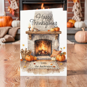 Cosy Watercolor Fireplace Family Thanksgiving Card