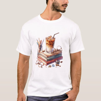 Cosy Watercolor Iced Coffee and Vintage Books Acad T-Shirt