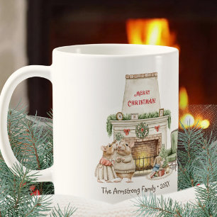 Cosy Watercolor Mice Fireplace Christmas Coffee Mug