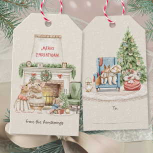 Cosy Watercolor Mice Fireplace Christmas Gift Tags