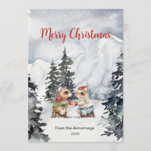 Cosy Watercolor Mice Hot Cocoa Snow Christmas Holiday Card