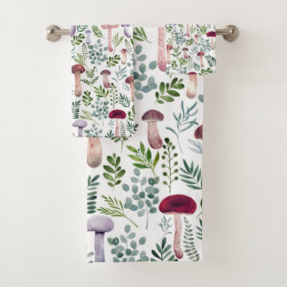 Cosy Watercolor Mushrooms Pattern Bath Towel Set
