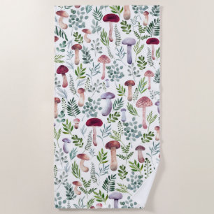 Cosy Watercolor Mushrooms Pattern Beach Towel