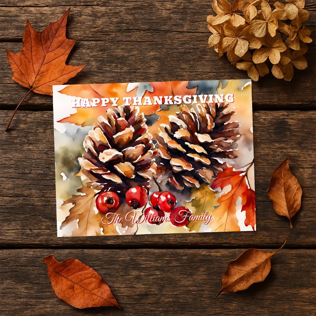 Cosy Watercolor Pine and Berry Thanksgiving Holiday Postcard (Creator Uploaded)