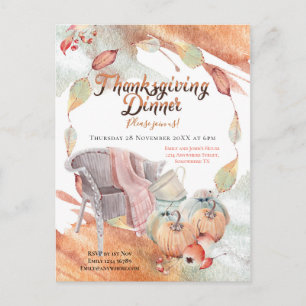 Cosy Watercolor Pumpkin Chair Leaf Thanksgiving Postcard