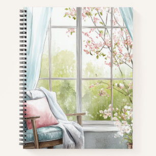 Cosy Watercolor Reading Nook Window Spring Garden Notebook