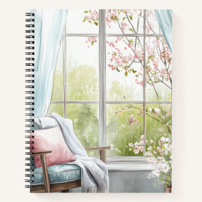 Cosy Watercolor Reading Nook Window Spring Garden  Notebook (Front)