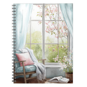 Cosy Watercolor Reading Nook Window Spring Garden Notebook
